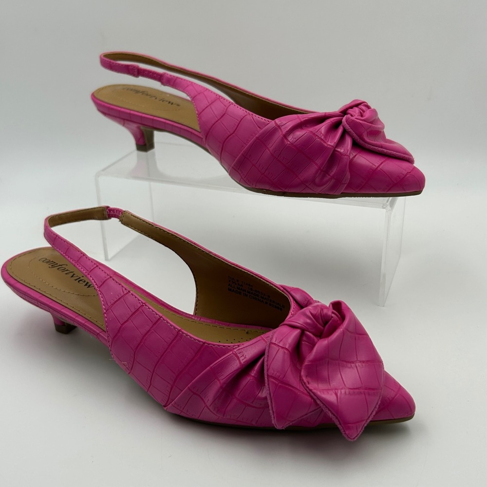 New Comfortview Tia Slingback Kitten Heels Women 7.5M Pink Croc Embossed Knot